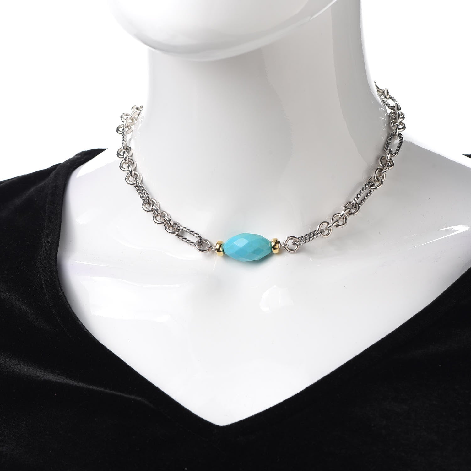 David Yurman Sterling Silver 18K Yellow Gold Turquoise Figaro Necklace 2 of 5