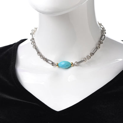 David Yurman Sterling Silver 18K Yellow Gold Turquoise Figaro Necklace 2 of 5