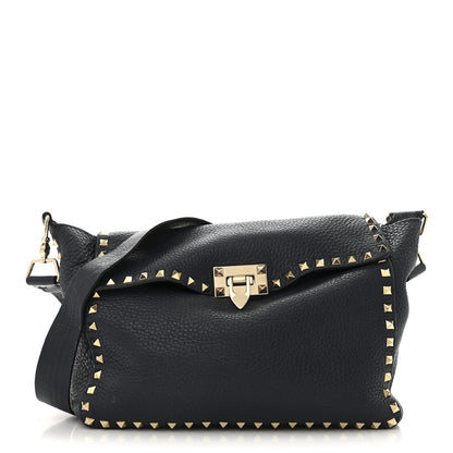 Valentino Garavani Pebbled Calfskin Rockstud Flip Lock Flap Messenger Satchel Marine 1 of 16