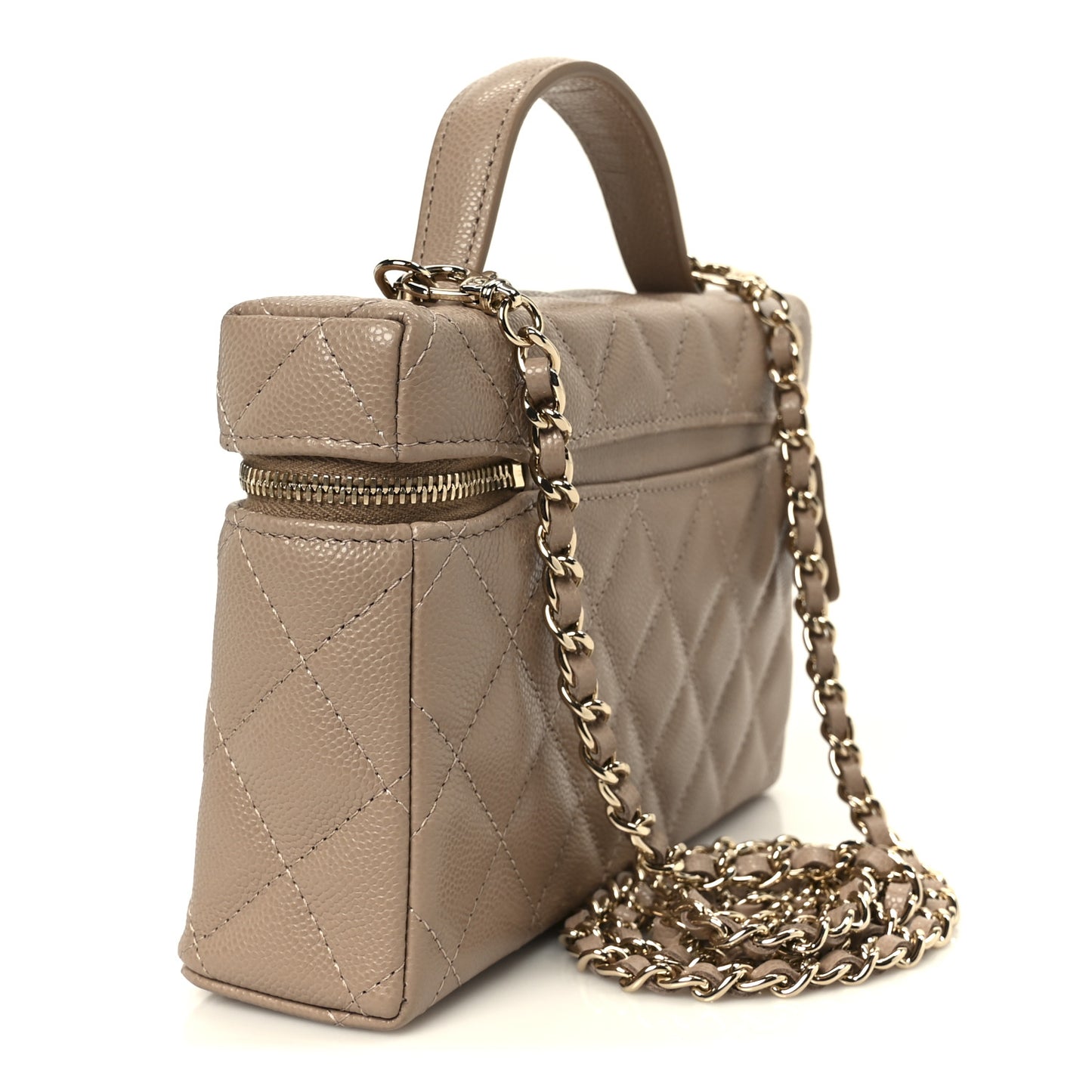 Caviar Quilted Top Handle Slim Vanity With Chain Dark Beige