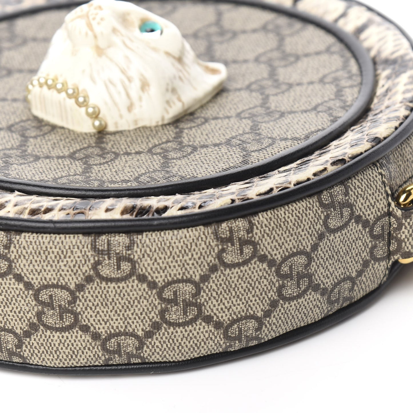 GG Supreme Monogram Patchwork Cat Round Shoulder Bag White Beige