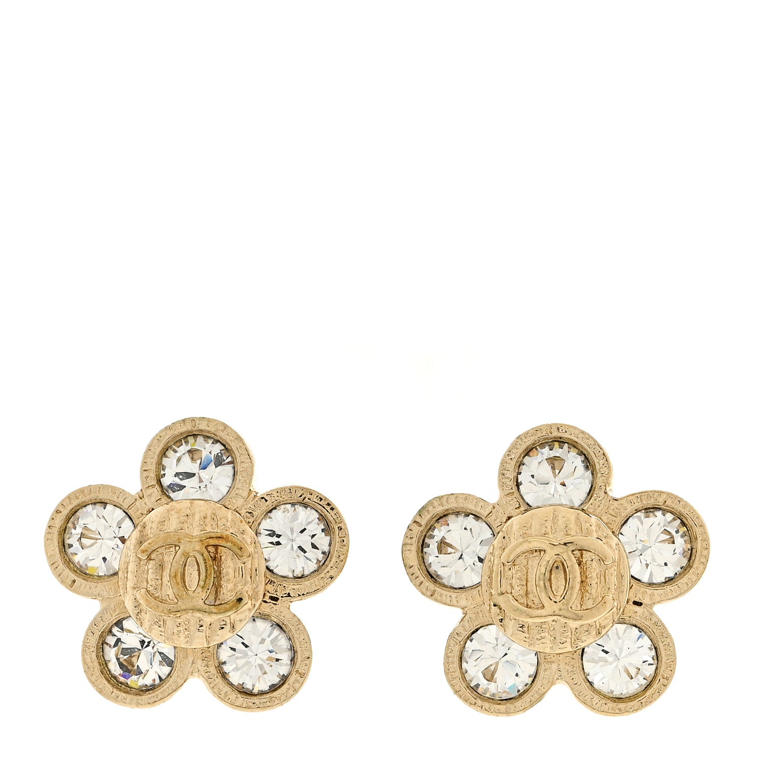 Chanel Metal Crystal CC Flower Button Clip On Earrings Gold 1 of 4