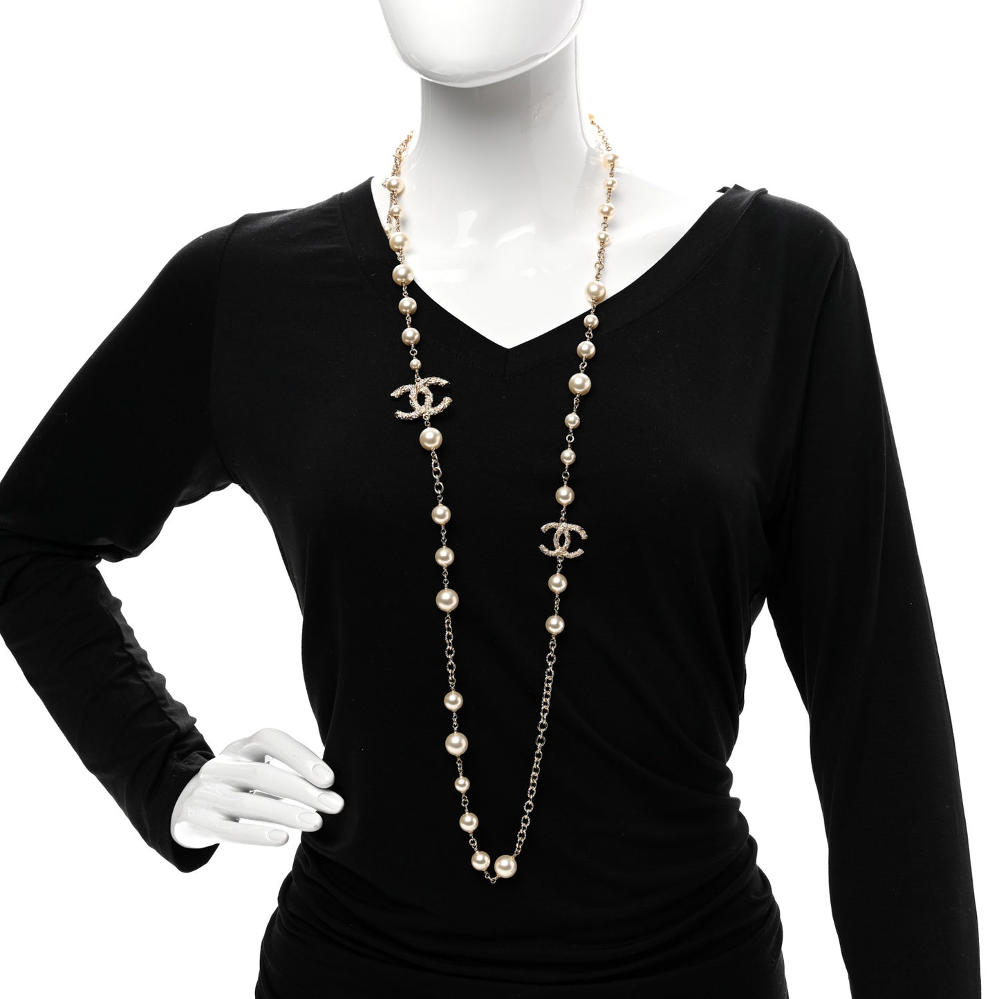 Graduated Pearl Crystal Twisted CC Long Necklace Gold