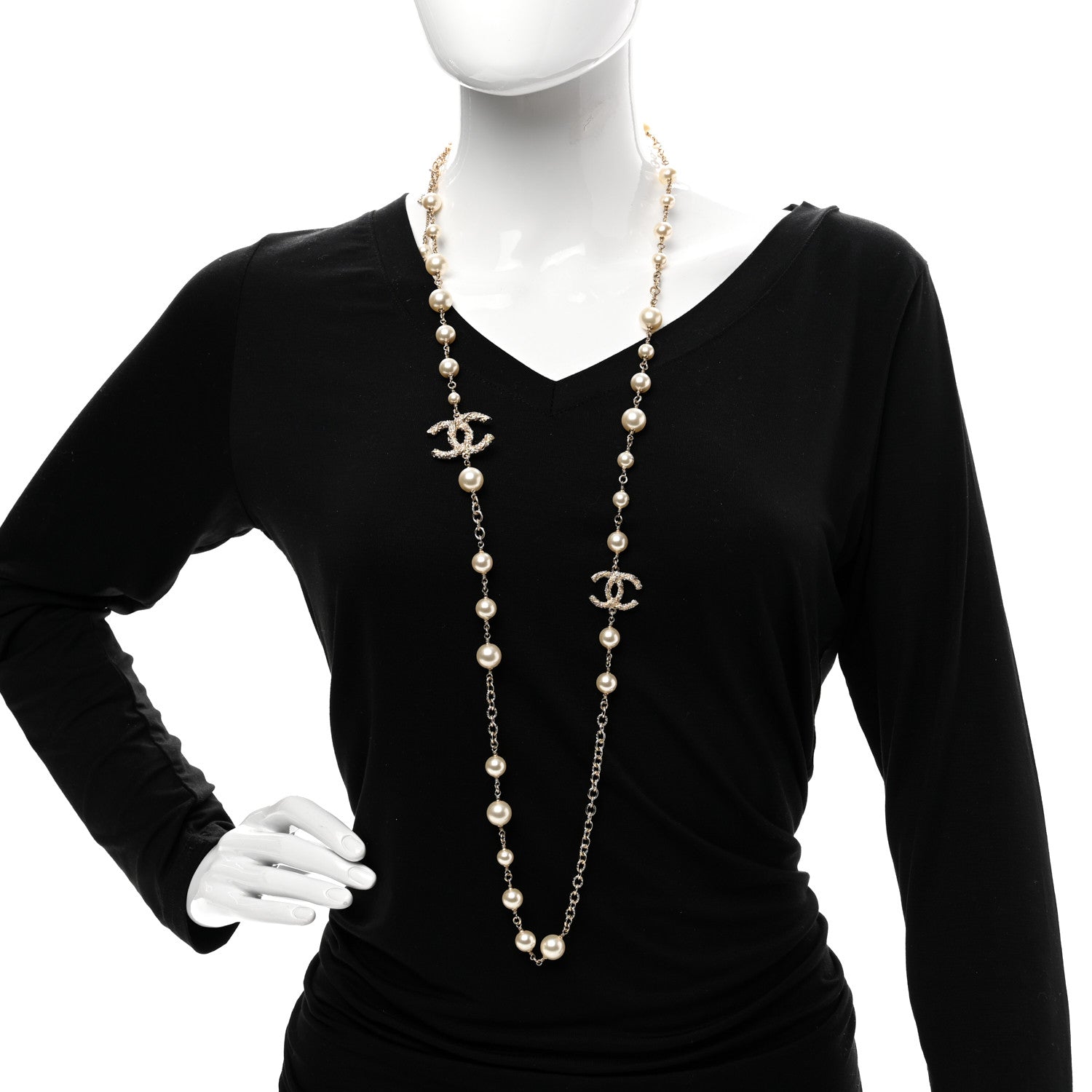 Chanel Graduated Pearl Crystal Twisted CC Long Necklace Gold 2 of 6
