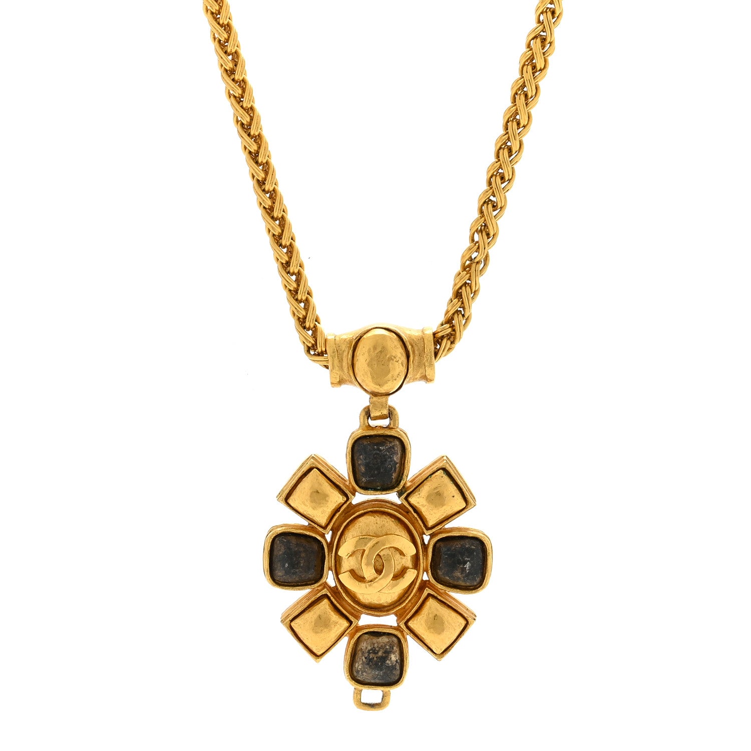 Chanel Gripoix Poured Glass CC Pendant Necklace Gold Black 1 of 5