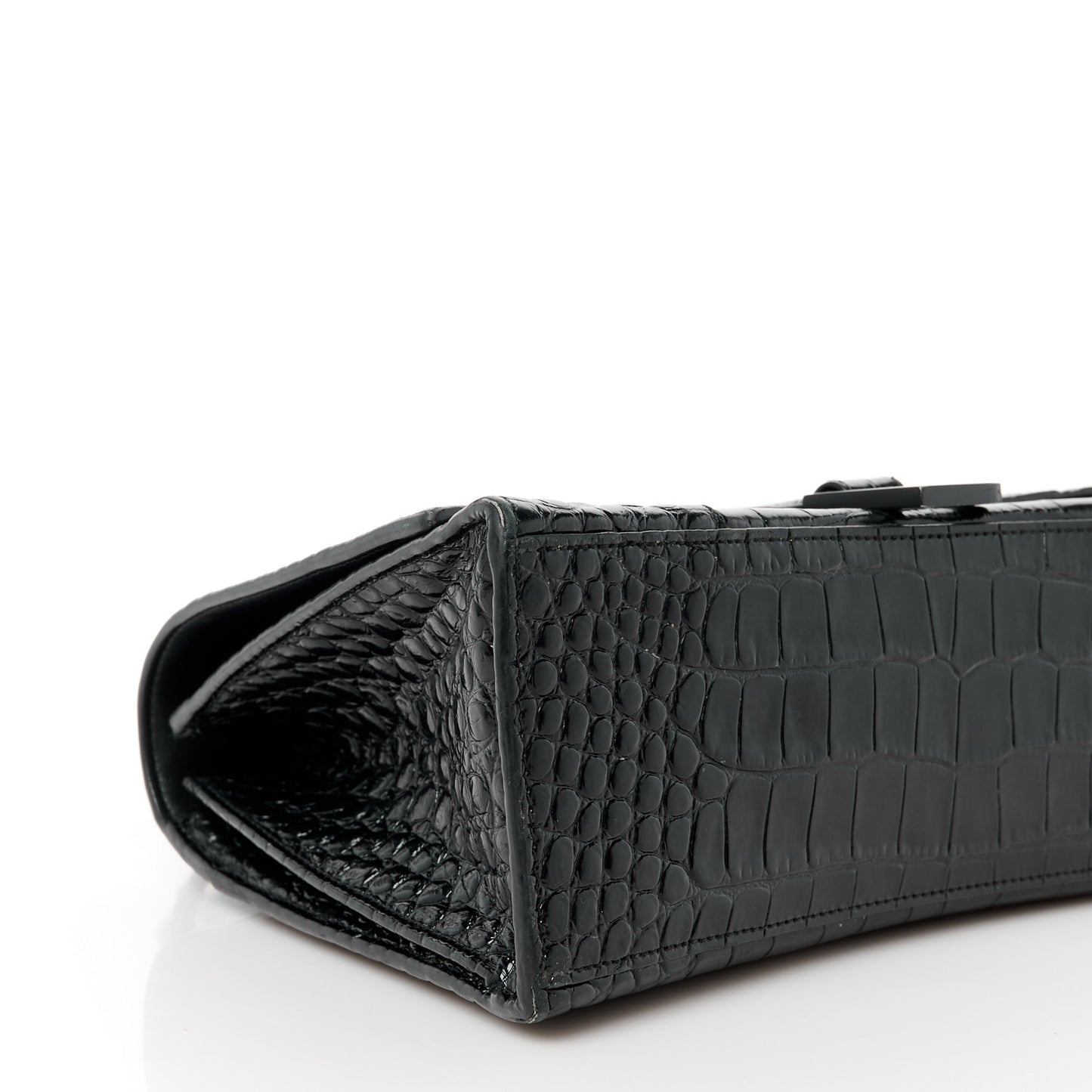 Shiny Calfskin Monochrome Crocodile Embossed Medium Hourglass Top Handle Bag Black