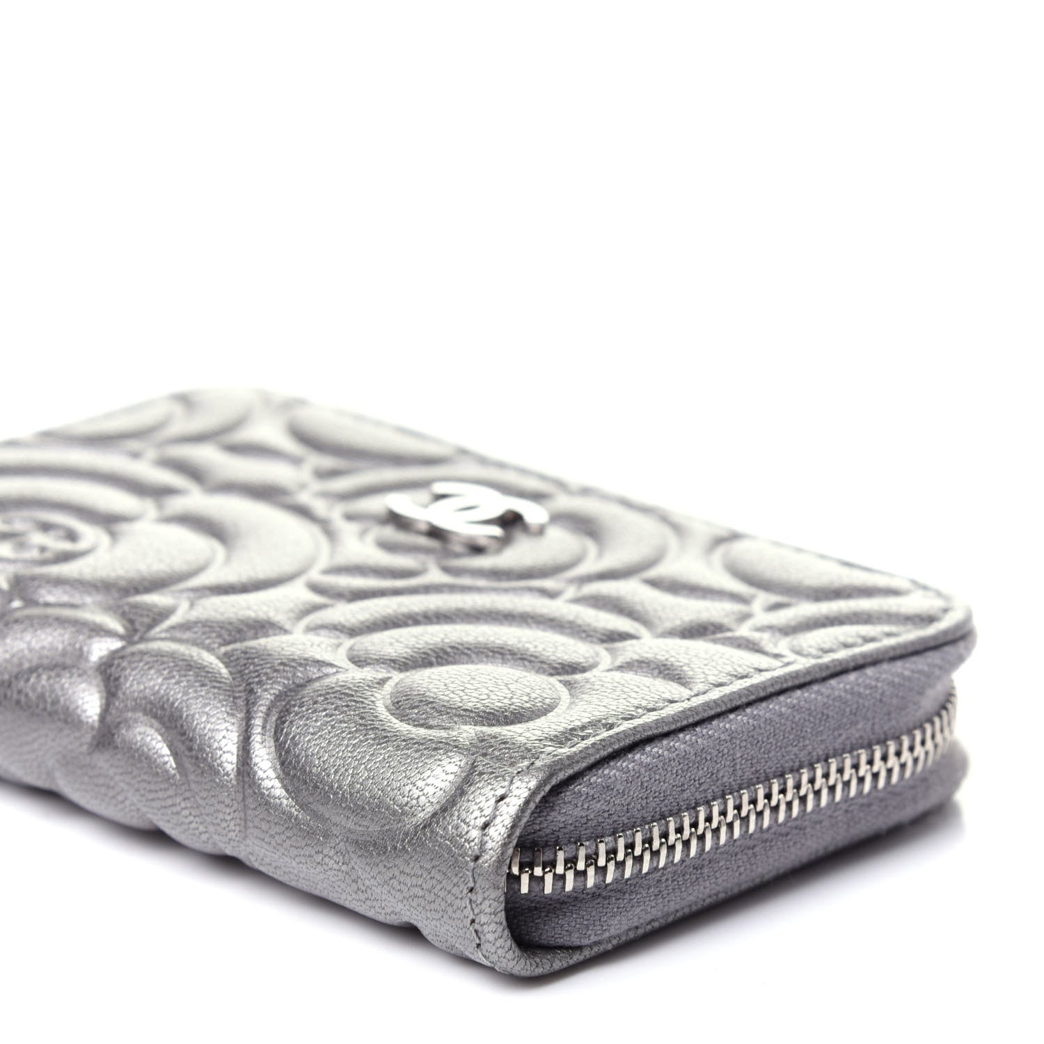 Chanel Goatskin Camellia Embossed Zip Coin Purse Silver 18 of 20