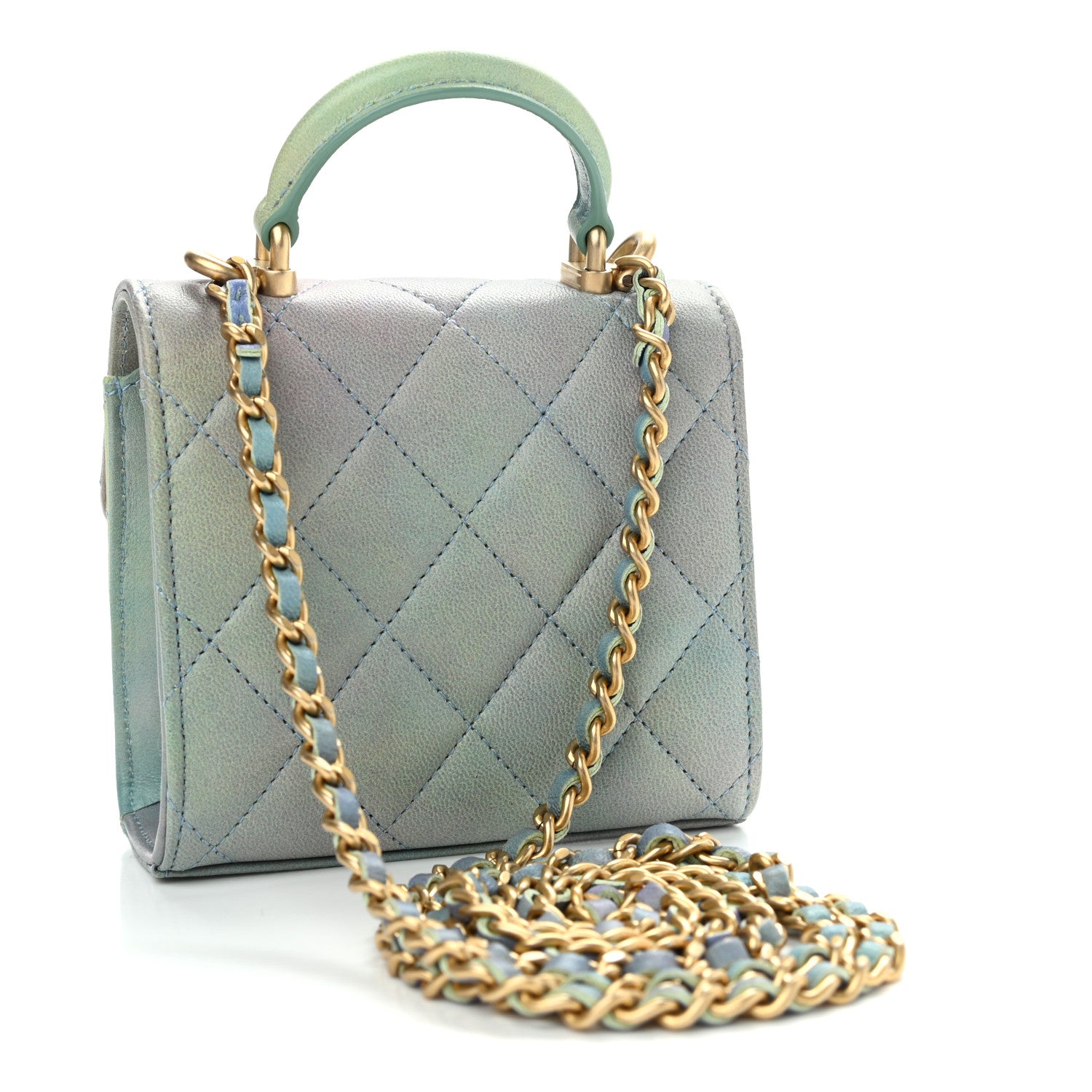 Chanel Lambskin Quilted Ombre Top Handle Flap Clutch With Chain Green Purple 3 of 12