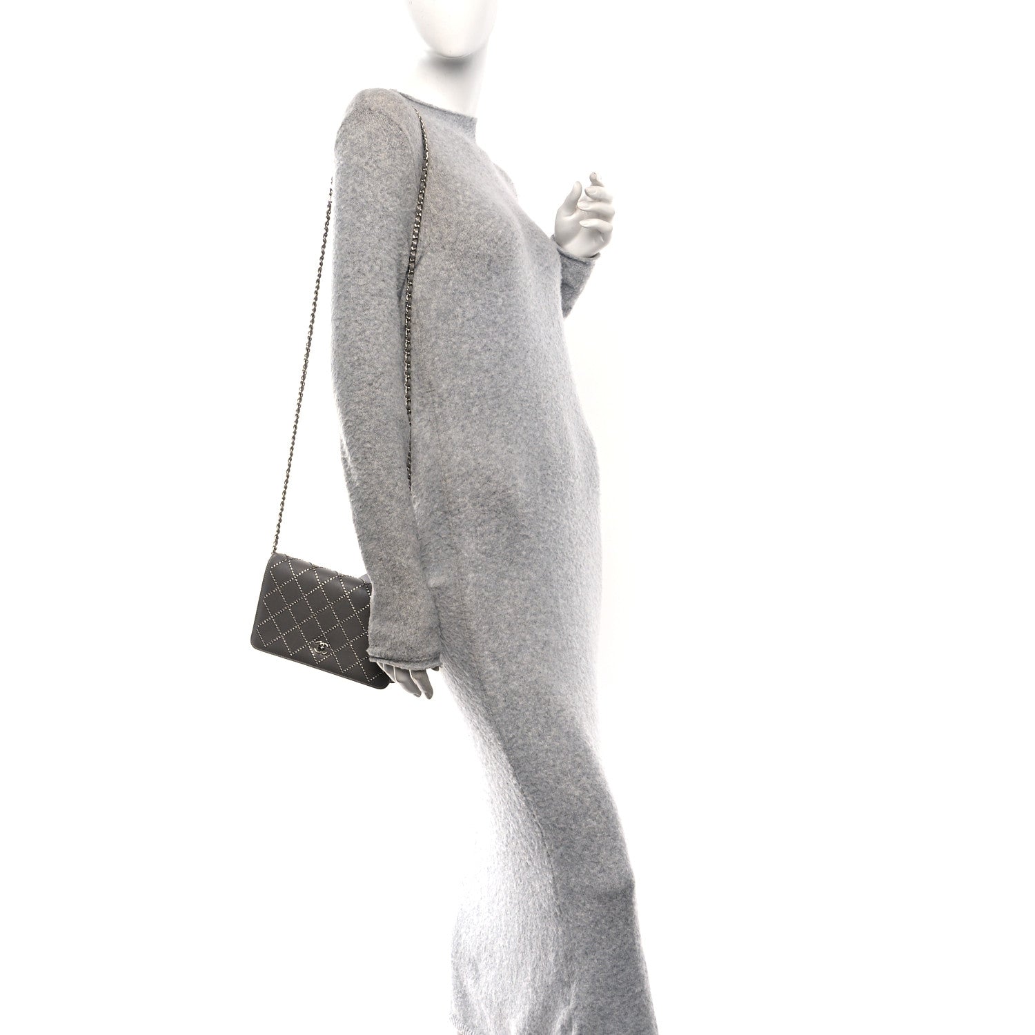 Chanel Lambskin Crystal Quilted Wallet On Chain WOC Grey 2 of 12