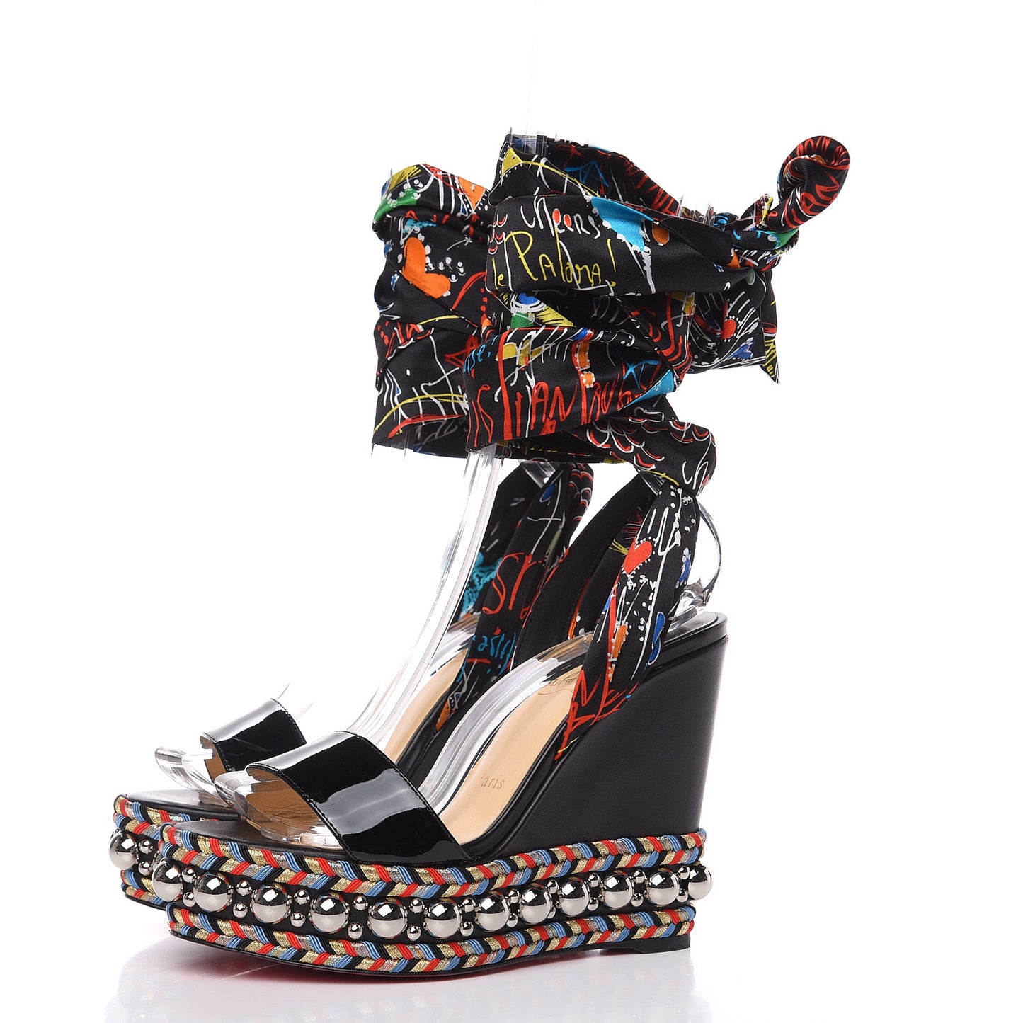 Patent Crepe Satin Loubitag Levantine 120 Wedge Sandals 36 Black