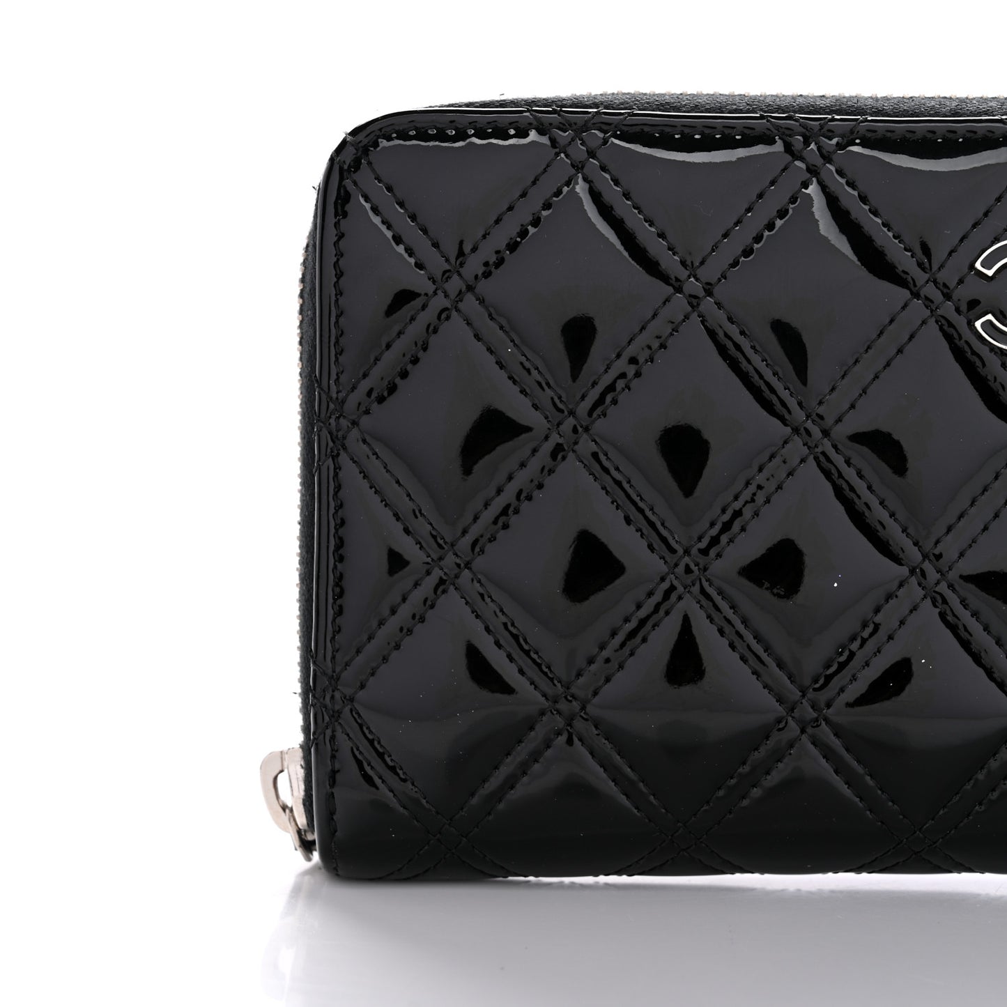 Patent Quilted Double Stitched Zip Around Wallet Black