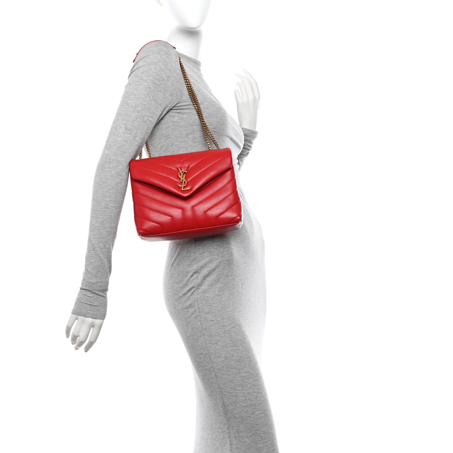 Saint Laurent Calfskin Y Quilted Monogram Small Loulou Chain Satchel Red 2 of 10