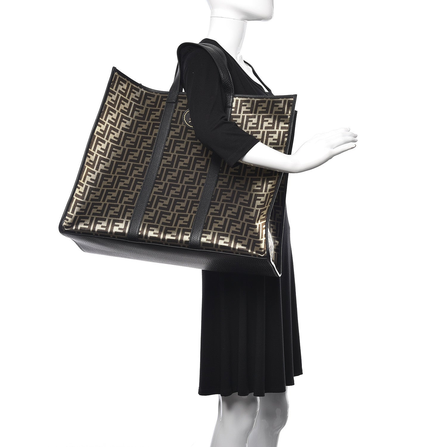 Fendi Fabric Jacquard Cuoio Roma FF Metallic Thread Karligraphy Tote Gold Black 2 of 10