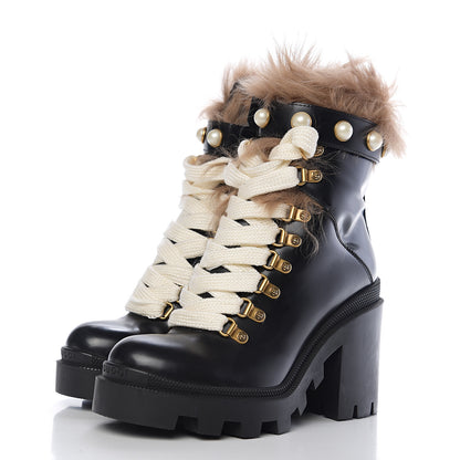 Gucci Magnum Calfskin Fur Pearl Lace Up Combat Ankle Boots 36 Black Naturale 3 of 6