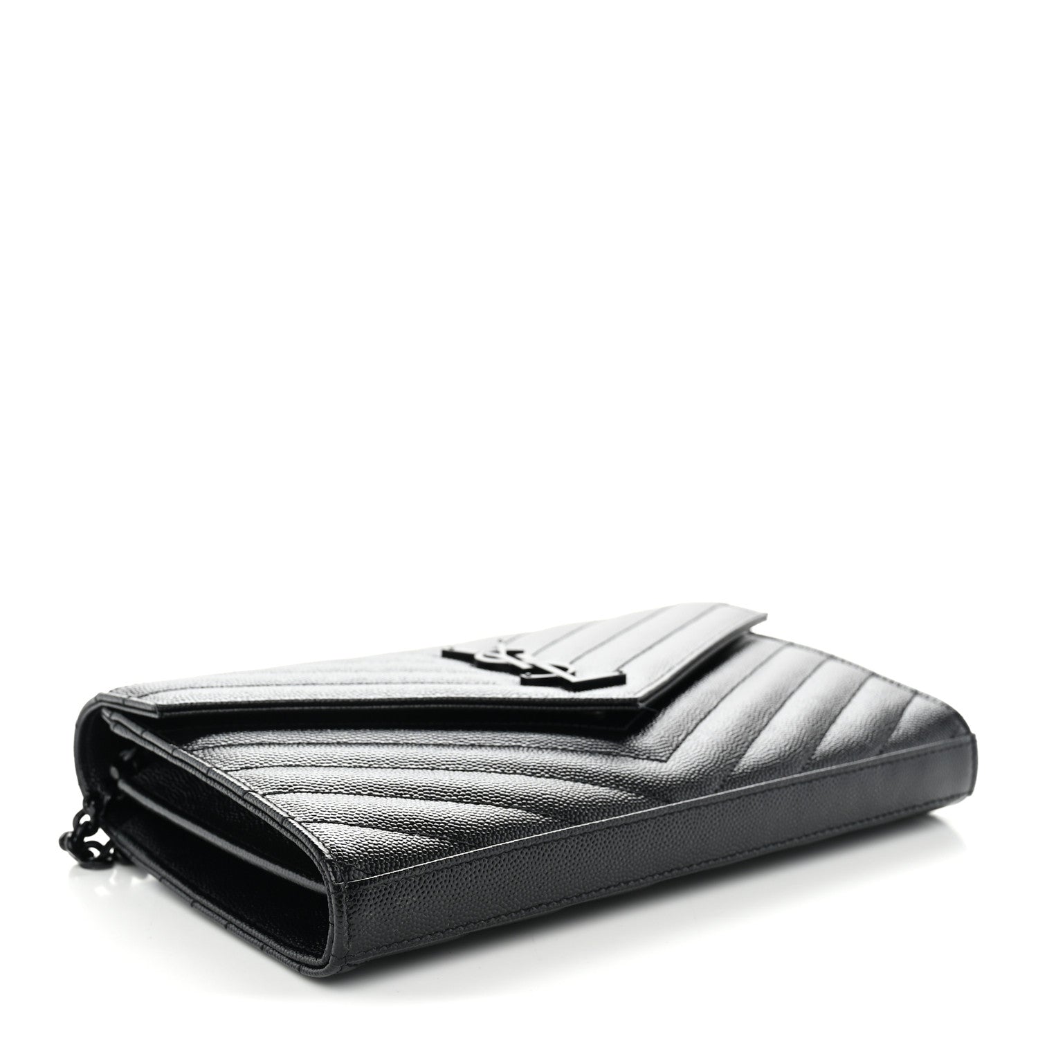 Saint Laurent Grain De Poudre Matelasse Chevron Monogram Monochrome Envelope Chain Wallet Black 4 of 11