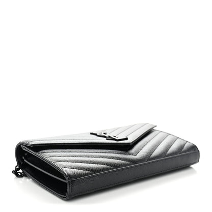 Saint Laurent Grain De Poudre Matelasse Chevron Monogram Monochrome Envelope Chain Wallet Black 4 of 11