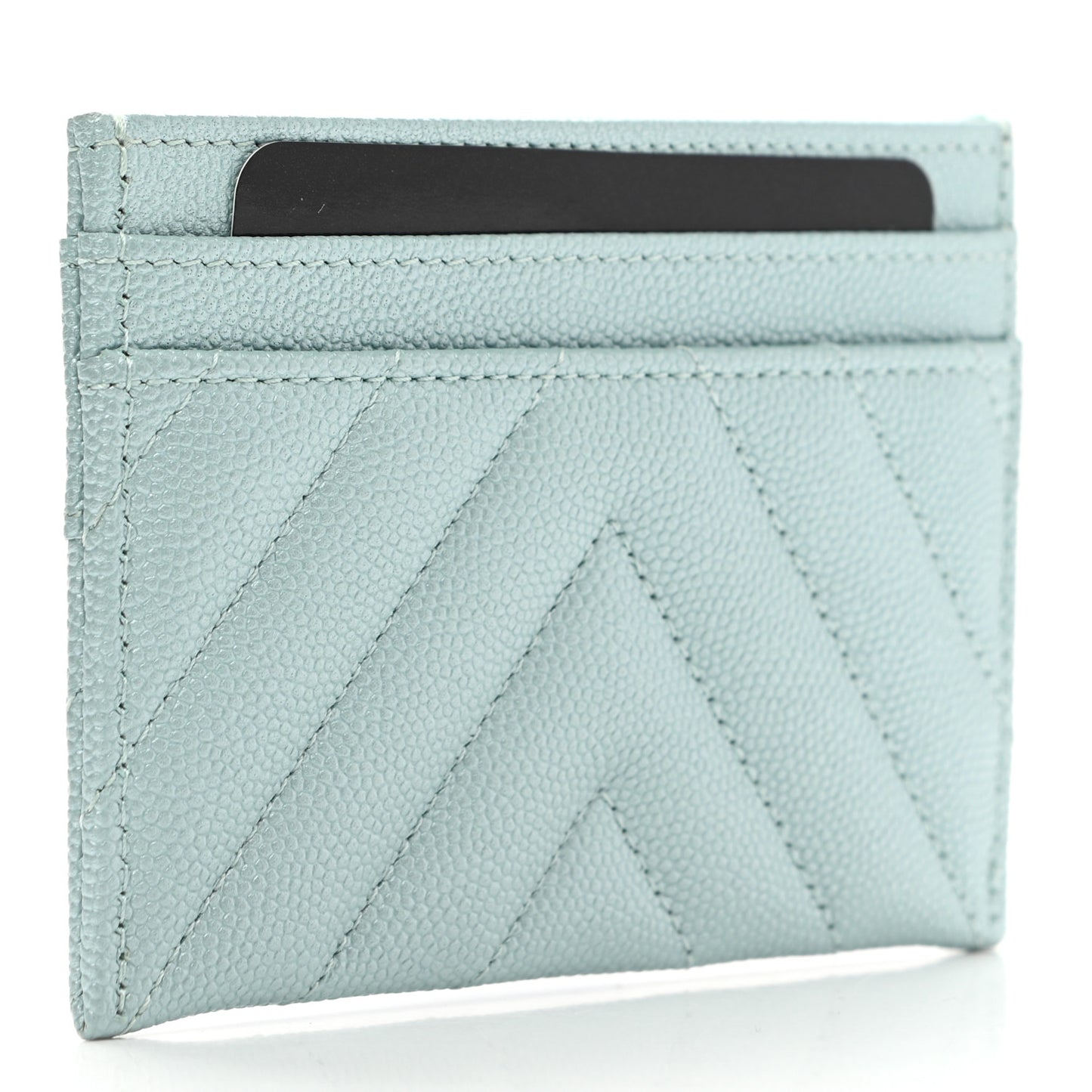 Metallic Caviar Chevron Quilted Vintage Mademoiselle Card Holder Light Blue
