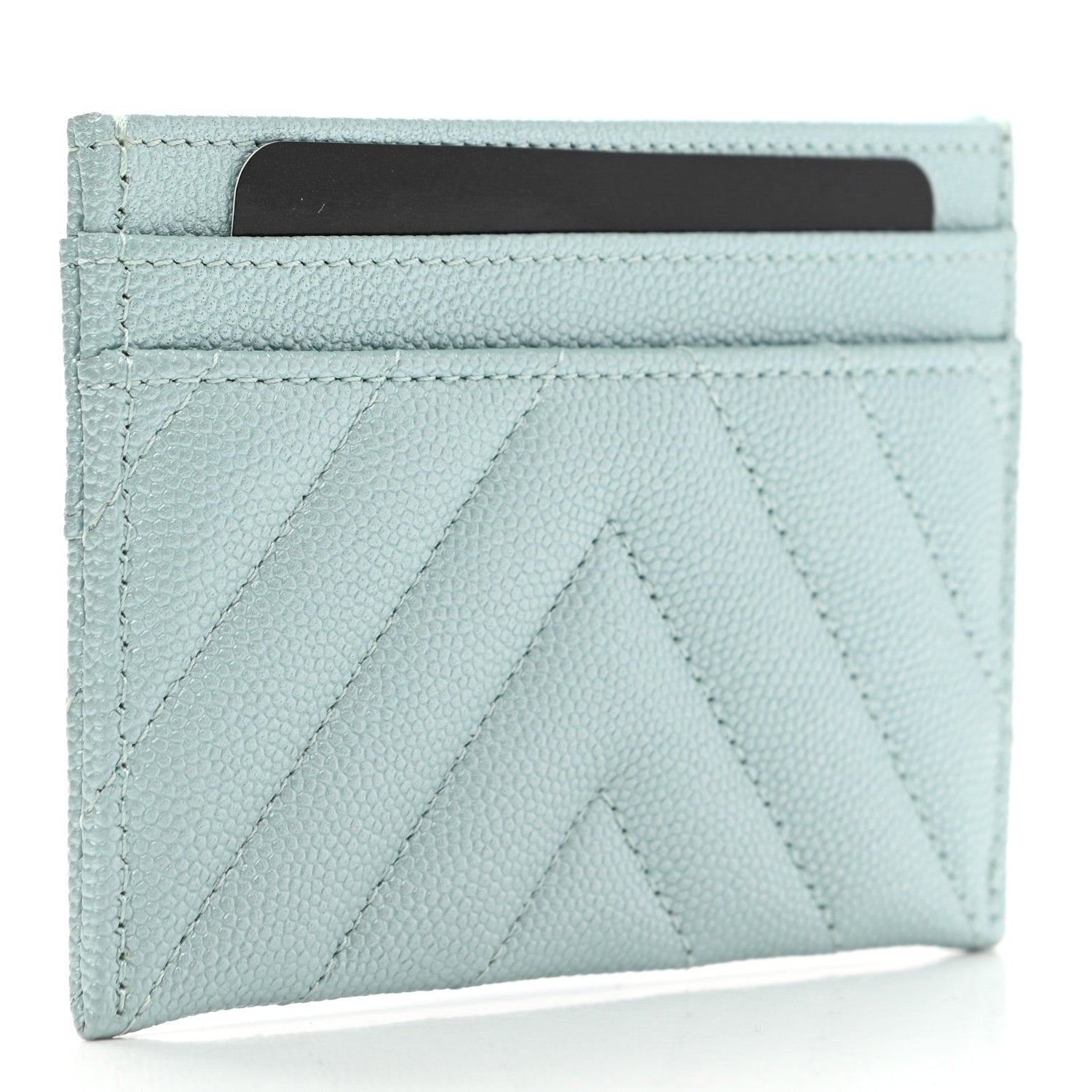 Chanel Metallic Caviar Chevron Quilted Vintage Mademoiselle Card Holder Light Blue 3 of 9