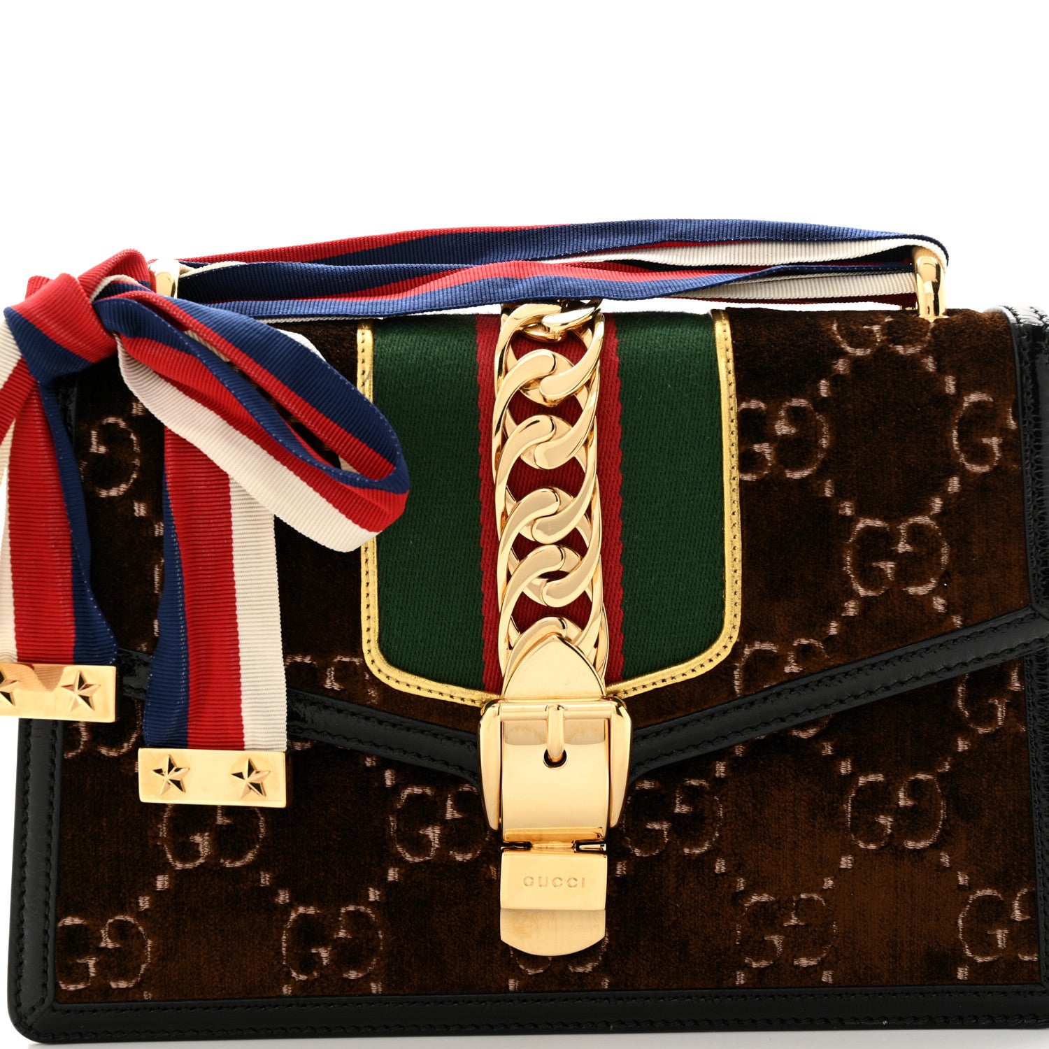 Gucci Velvet GG Monogram Web Small Sylvie Shoulder Bag Brown Black Oro Vecchio 8 of 11