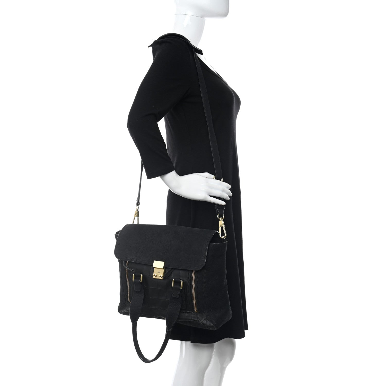 3.1 Phillip Lim Nubuck Crocodile Embossed Medium Pashli Satchel Black 2 of 18