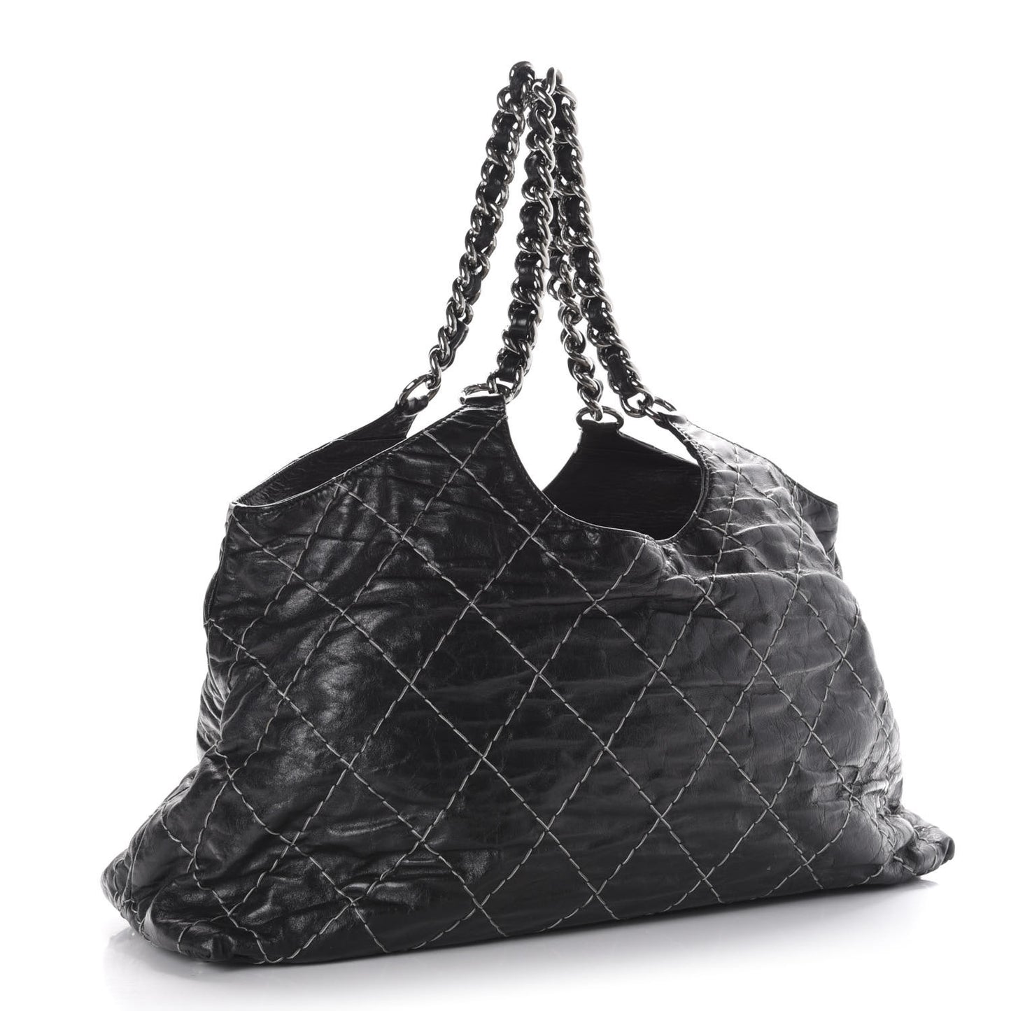 Glazed Goatskin Double Contrast Stitch Tote Black