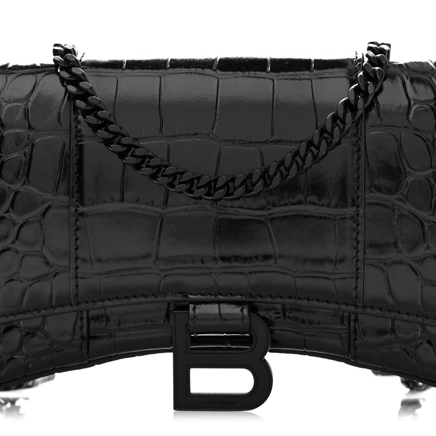 Shiny Calfskin Monochrome Crocodile Embossed Hourglass Chain Bag Black