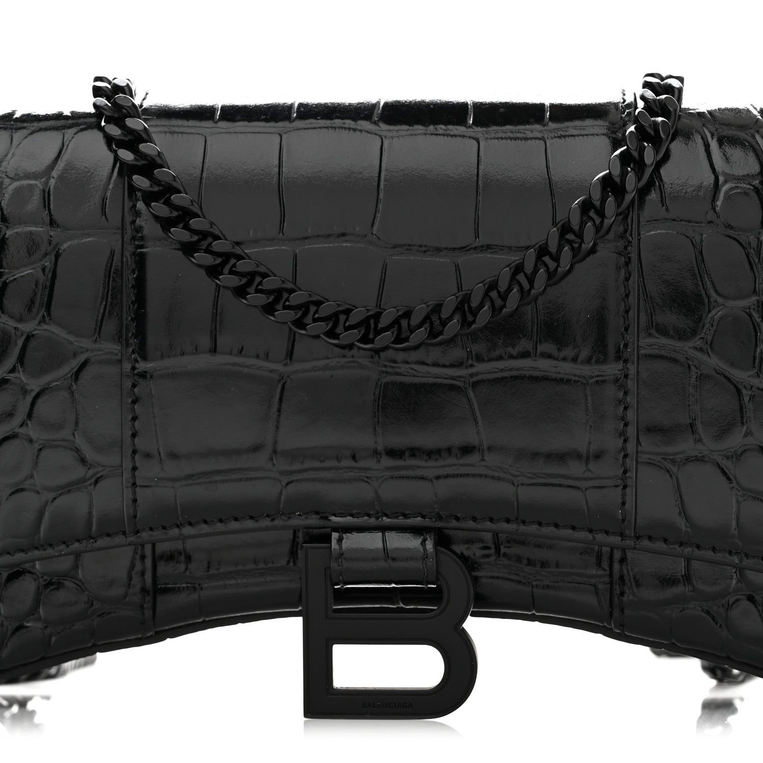 Balenciaga Shiny Calfskin Monochrome Crocodile Embossed Hourglass Chain Bag Black 7 of 10