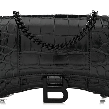 Balenciaga Shiny Calfskin Monochrome Crocodile Embossed Hourglass Chain Bag Black 7 of 10