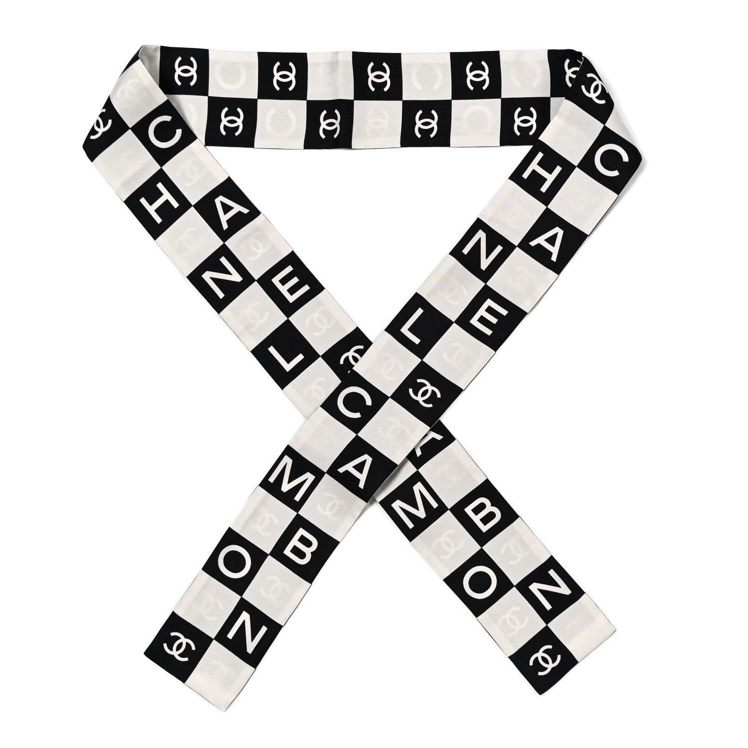 Chanel Silk Logo Cambon Slim Bandeau Scarf Black Ecru 1448413