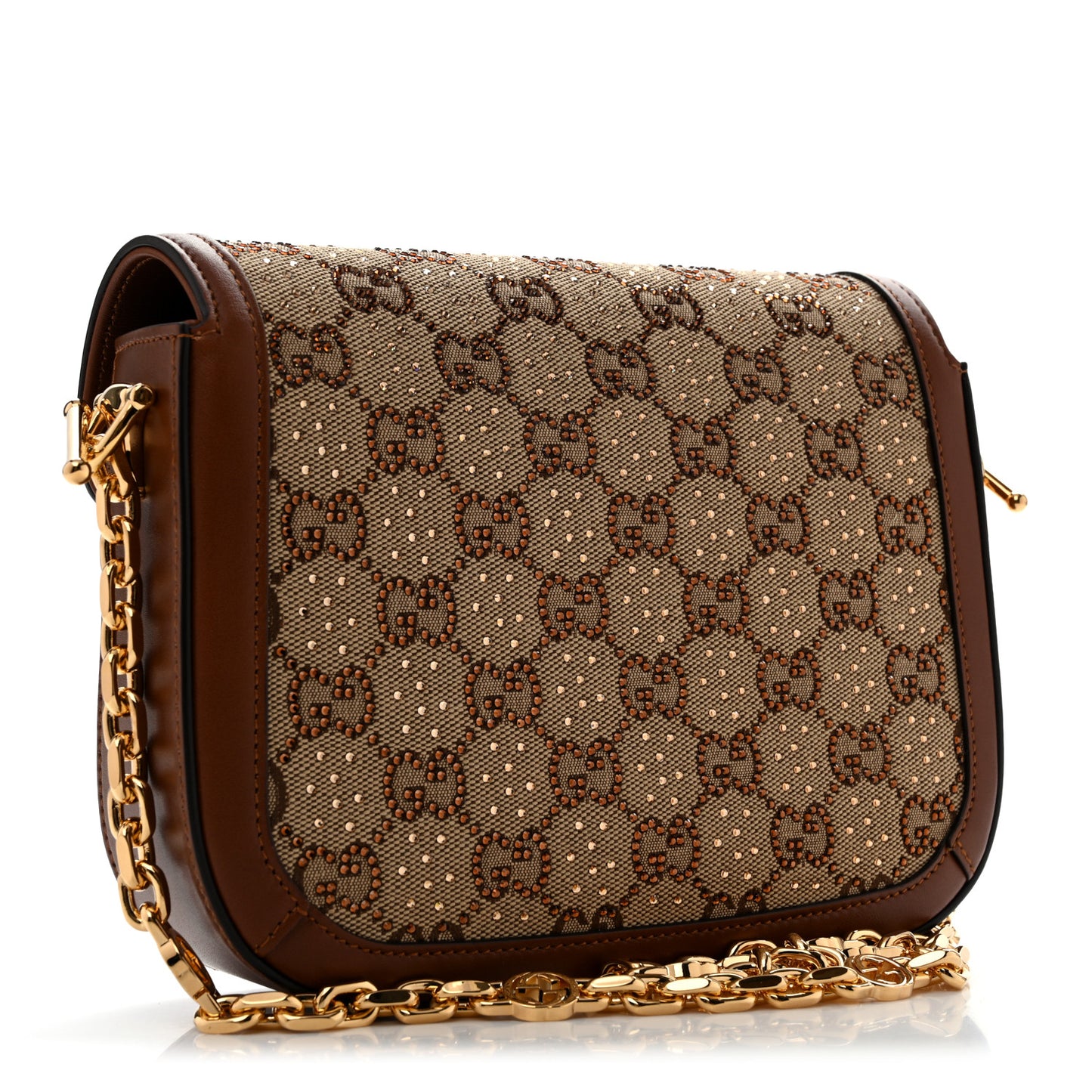 New Canvas Charisma Calfskin Crystal GG Monogram Mini Horsebit 1955 Shoulder Bag Camel Ebony