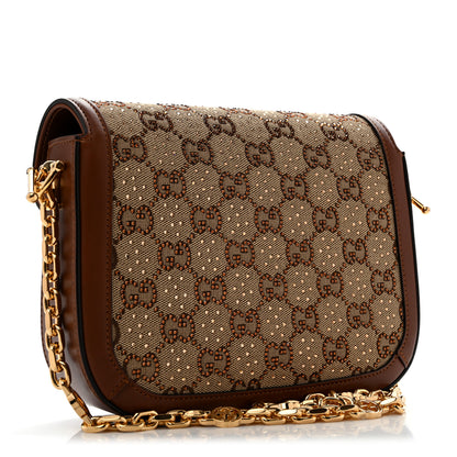 Gucci New Canvas Charisma Calfskin Crystal GG Monogram Mini Horsebit 1955 Shoulder Bag Camel Ebony 3 of 11