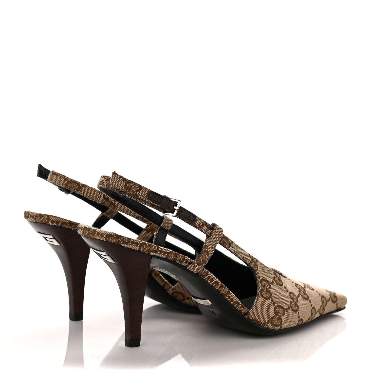 Gucci Monogram Malga Kid Square G 75mm Slingback Pumps 36 Beige Ebony New Acero 4 of 8