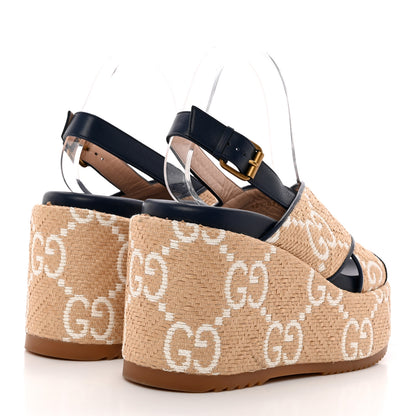 Gucci Raffia Nappa GG Monogram Angelina Platform Slingback Sandals 38.5 Natural Great White Blue Agata 4 of 13