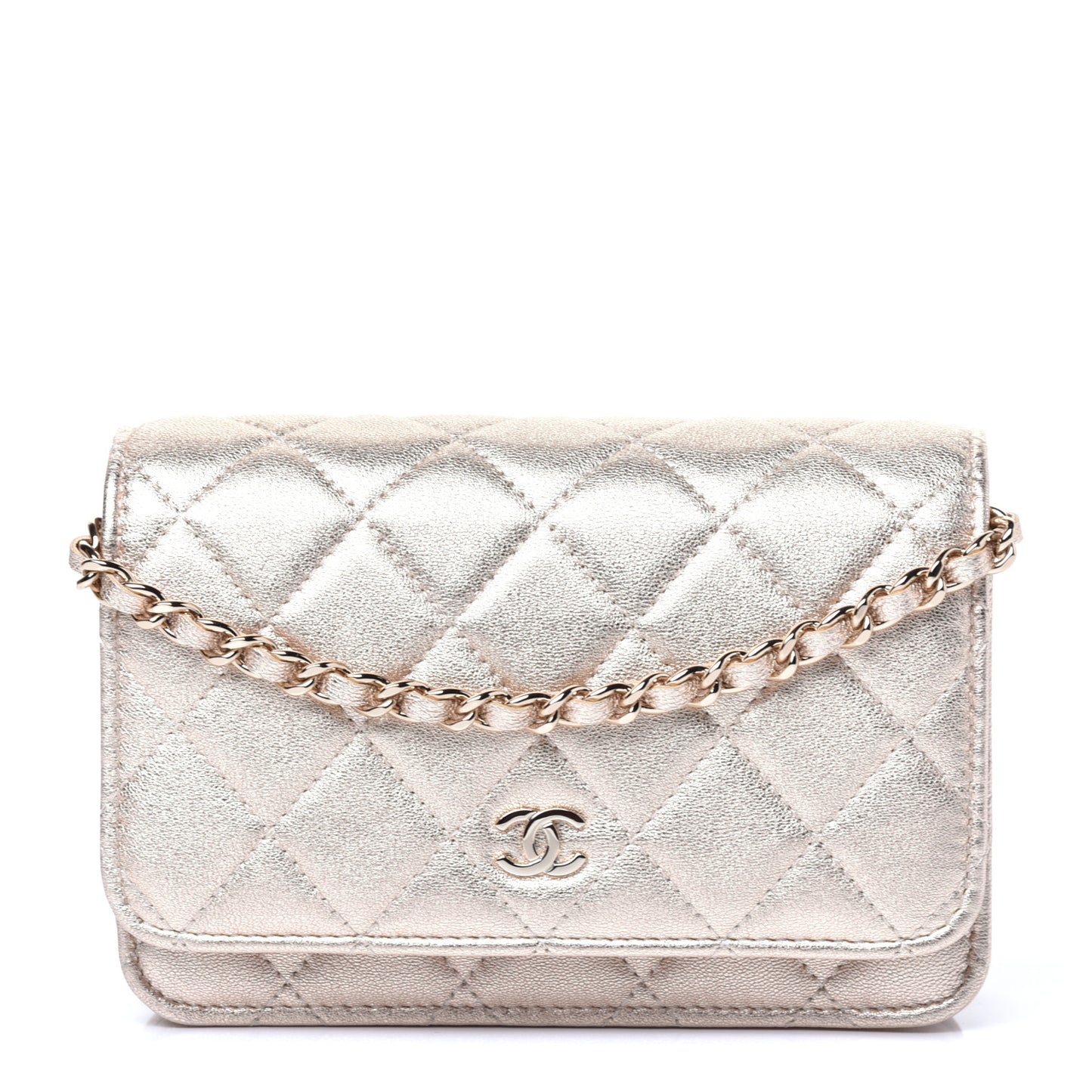Metallic Lambskin Quilted Mini Wallet On Chain WOC Gold