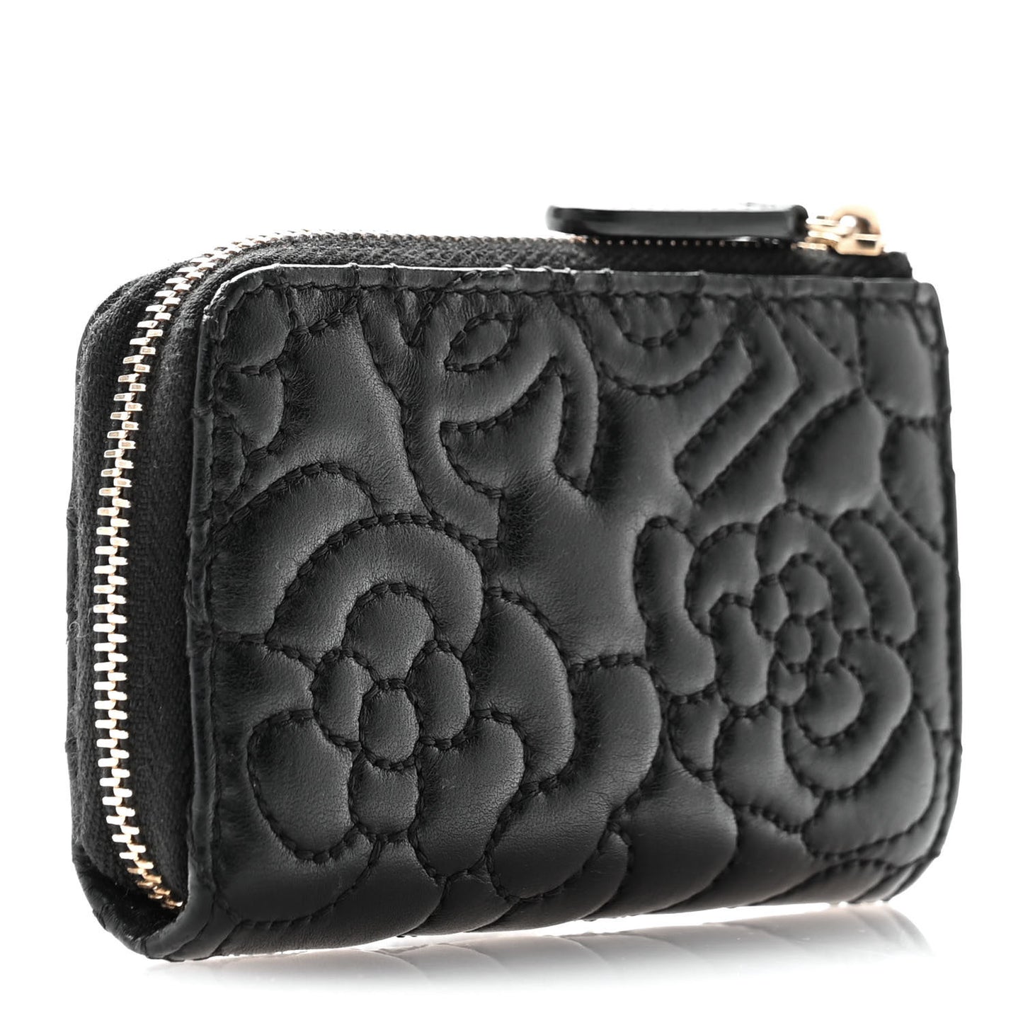 Lambskin Camellia Embossed Key Holder Case Black