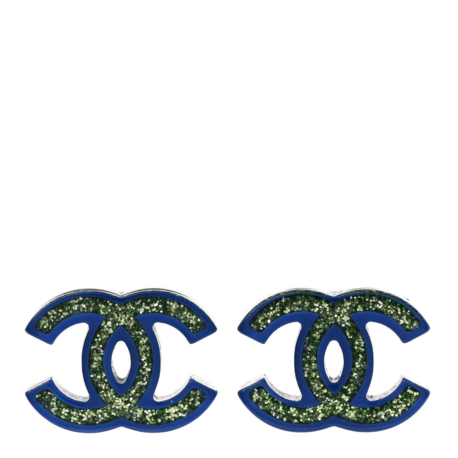 Chanel Glitter Resin CC Earrings Green Blue 1 of 4