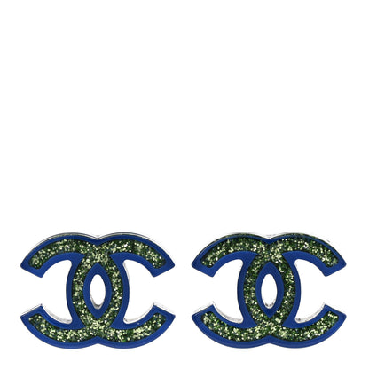 Chanel Glitter Resin CC Earrings Green Blue 1 of 4