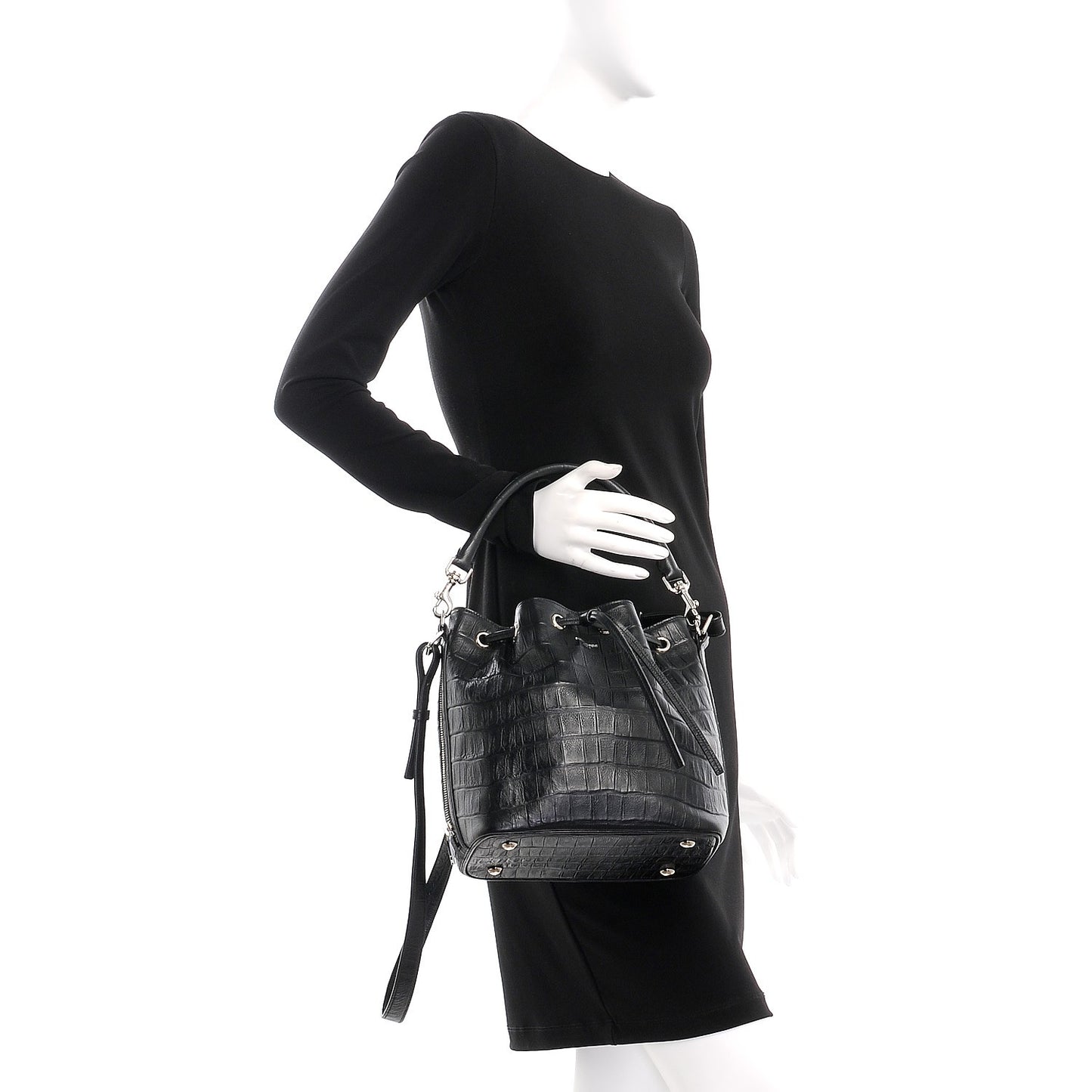 Calfskin Crocodile Embossed Medium Emmanuelle Bucket Bag Black