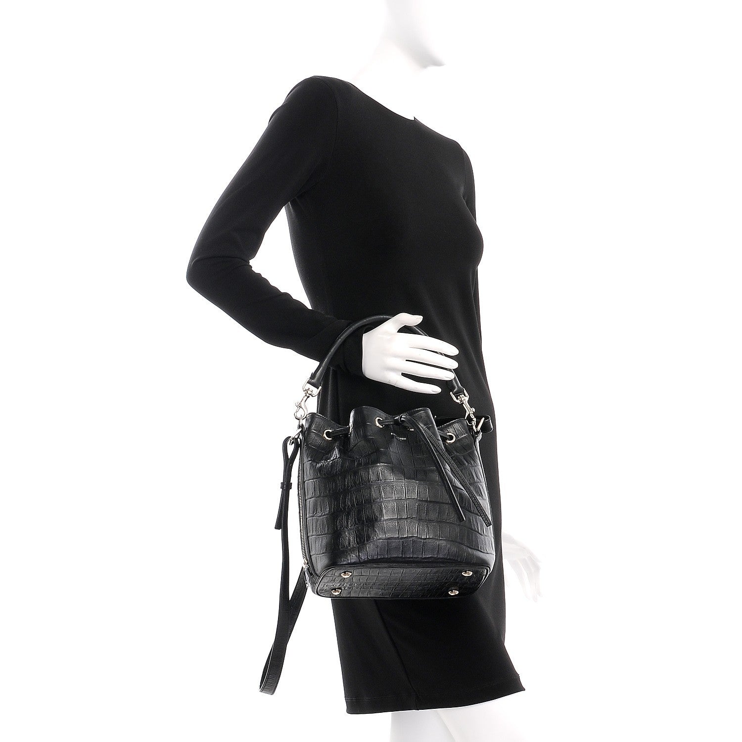 Saint Laurent Calfskin Crocodile Embossed Medium Emmanuelle Bucket Bag Black 3 of 8