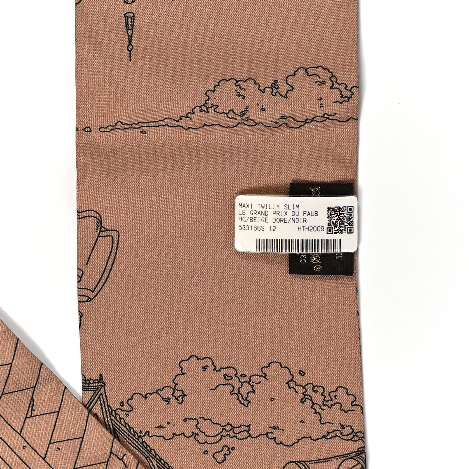 Hermes Silk Le Grand Prix du Faubourg Maxi Twilly Slim Beige Dore Black 3 of 4