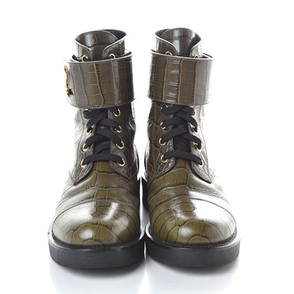 Louis Vuitton Calfskin Crocodile Embossed Wonderland Ranger Boots 36 Kaki 2 of 8