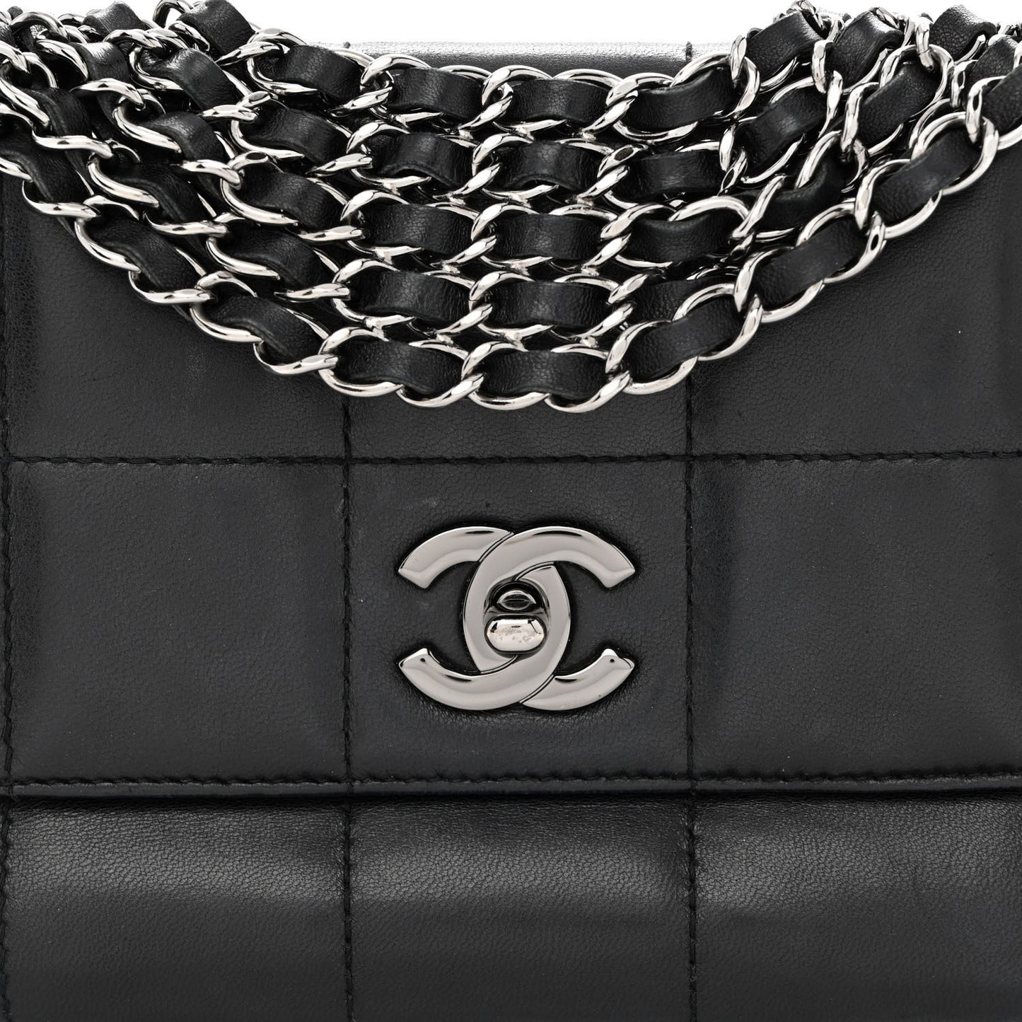 Lambskin Square Quilted 5 Chain Flap Black