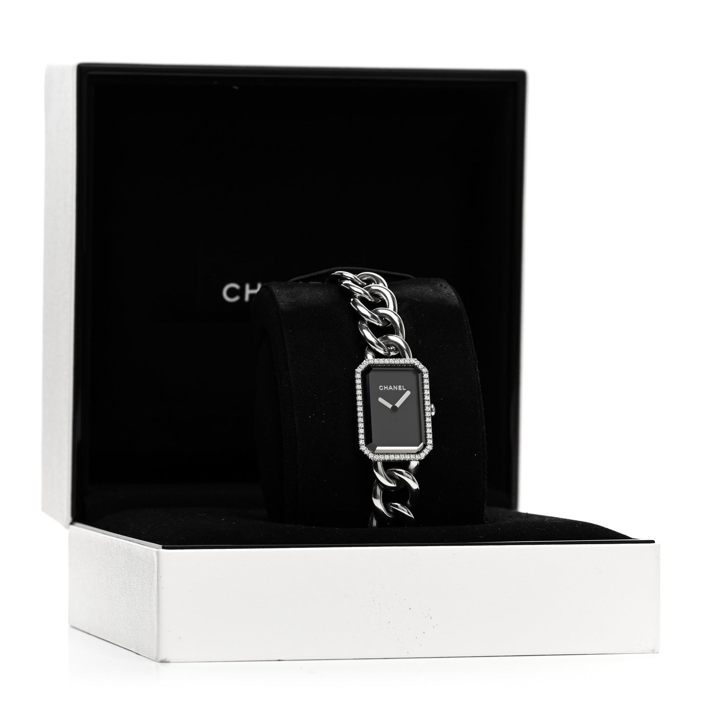Stainless Steel Diamond Bezel 20mm Chain Premiere Quartz Watch Black