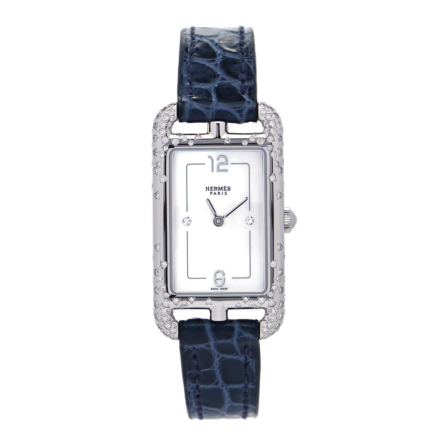 Stainless Steel Alligator Diamond Mother of Pearl 20mm Nantucket Quartz Watch Bleu Saphir