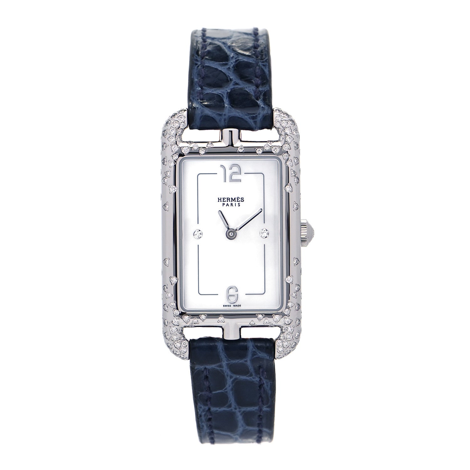 Hermes Stainless Steel Alligator Diamond Mother of Pearl 20mm Nantucket Quartz Watch Bleu Saphir 1 of 7