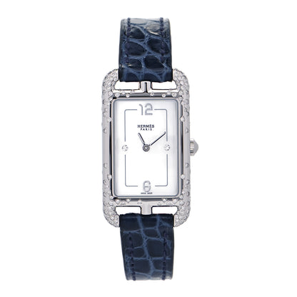 Hermes Stainless Steel Alligator Diamond Mother of Pearl 20mm Nantucket Quartz Watch Bleu Saphir 1 of 7