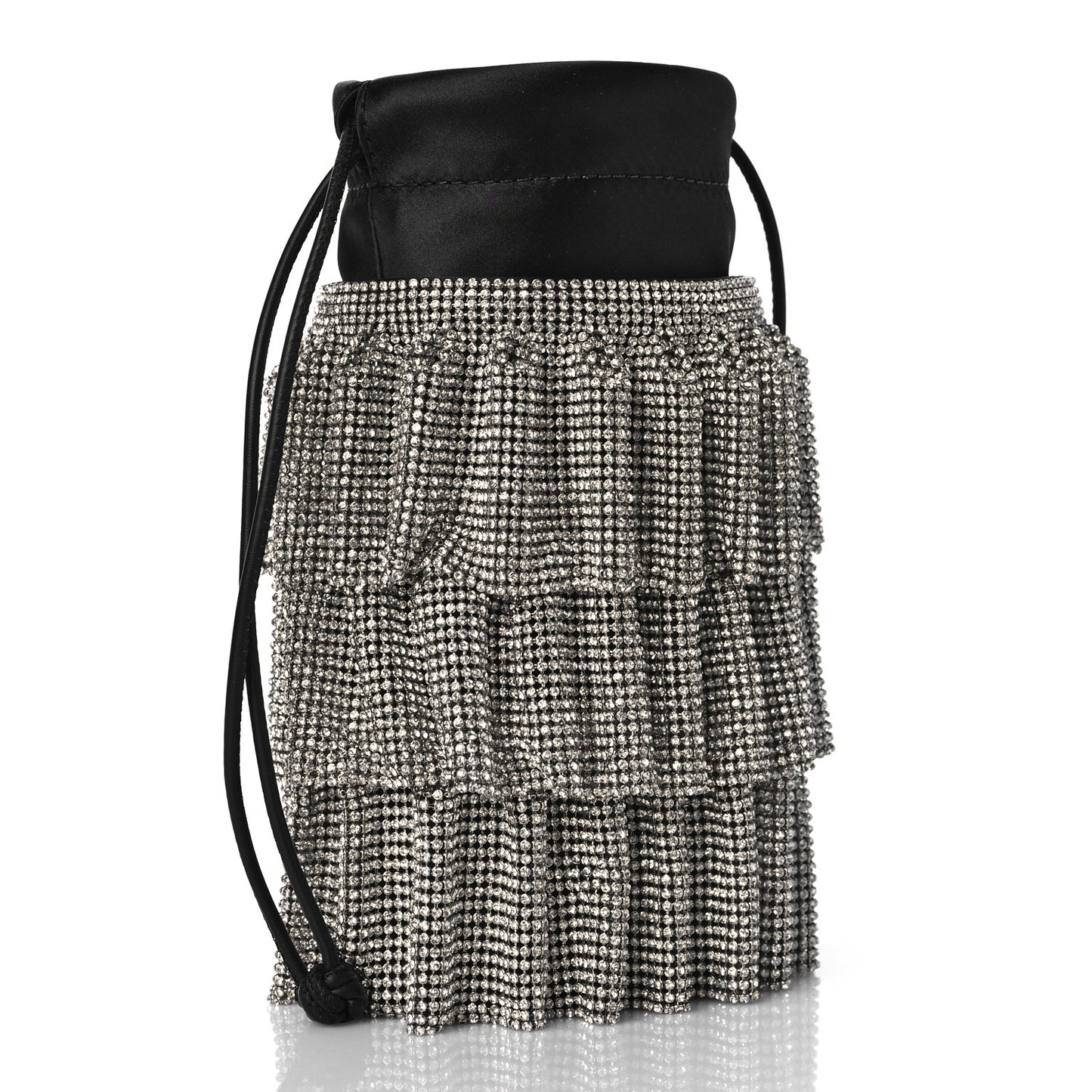 Satin Mesh Crystal Rhinestone Drawstring Pouch White Black