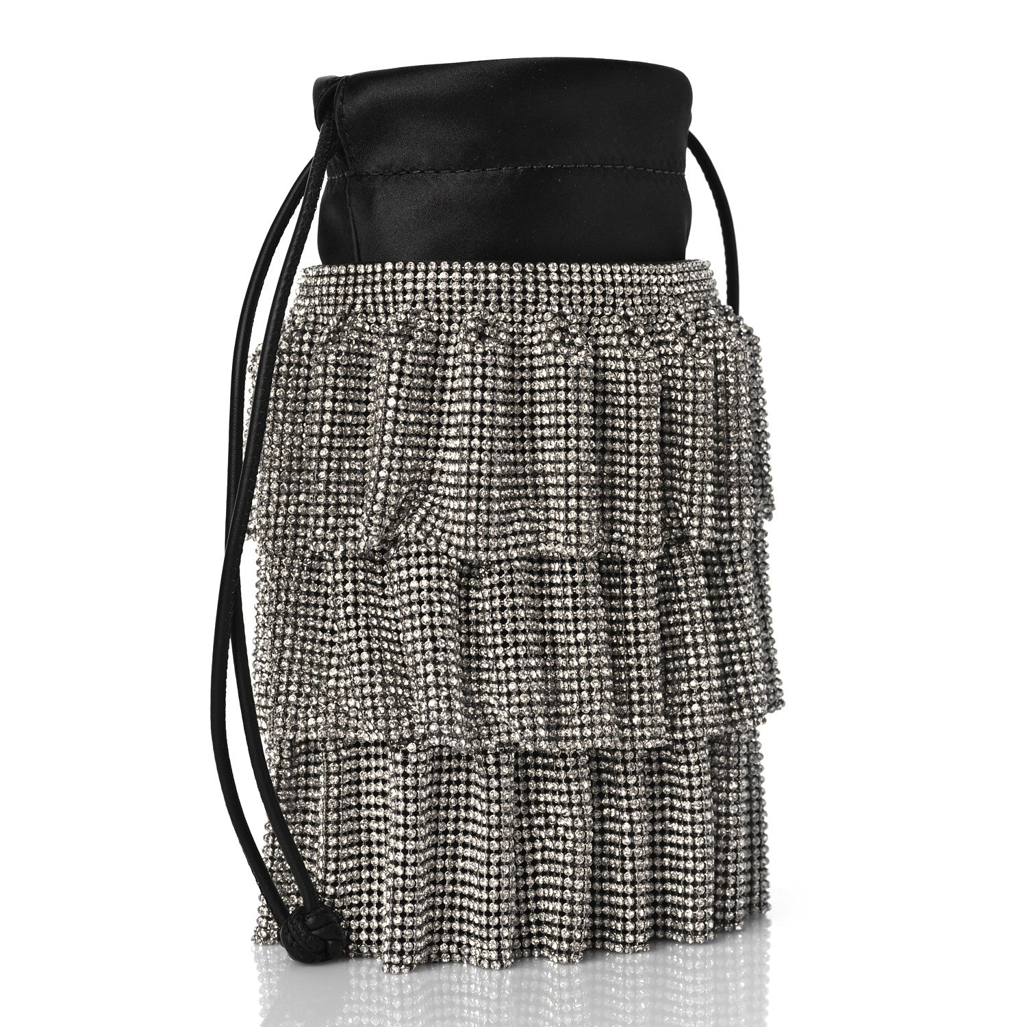 Alexander Wang Satin Mesh Crystal Rhinestone Drawstring Pouch White Black 3 of 9