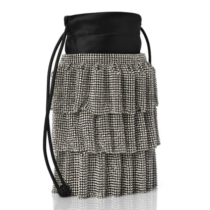 Alexander Wang Satin Mesh Crystal Rhinestone Drawstring Pouch White Black 3 of 9