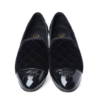 Chanel Velvet Quilted Cap Toe Womens CC Loafers 40 Black 5 of 10